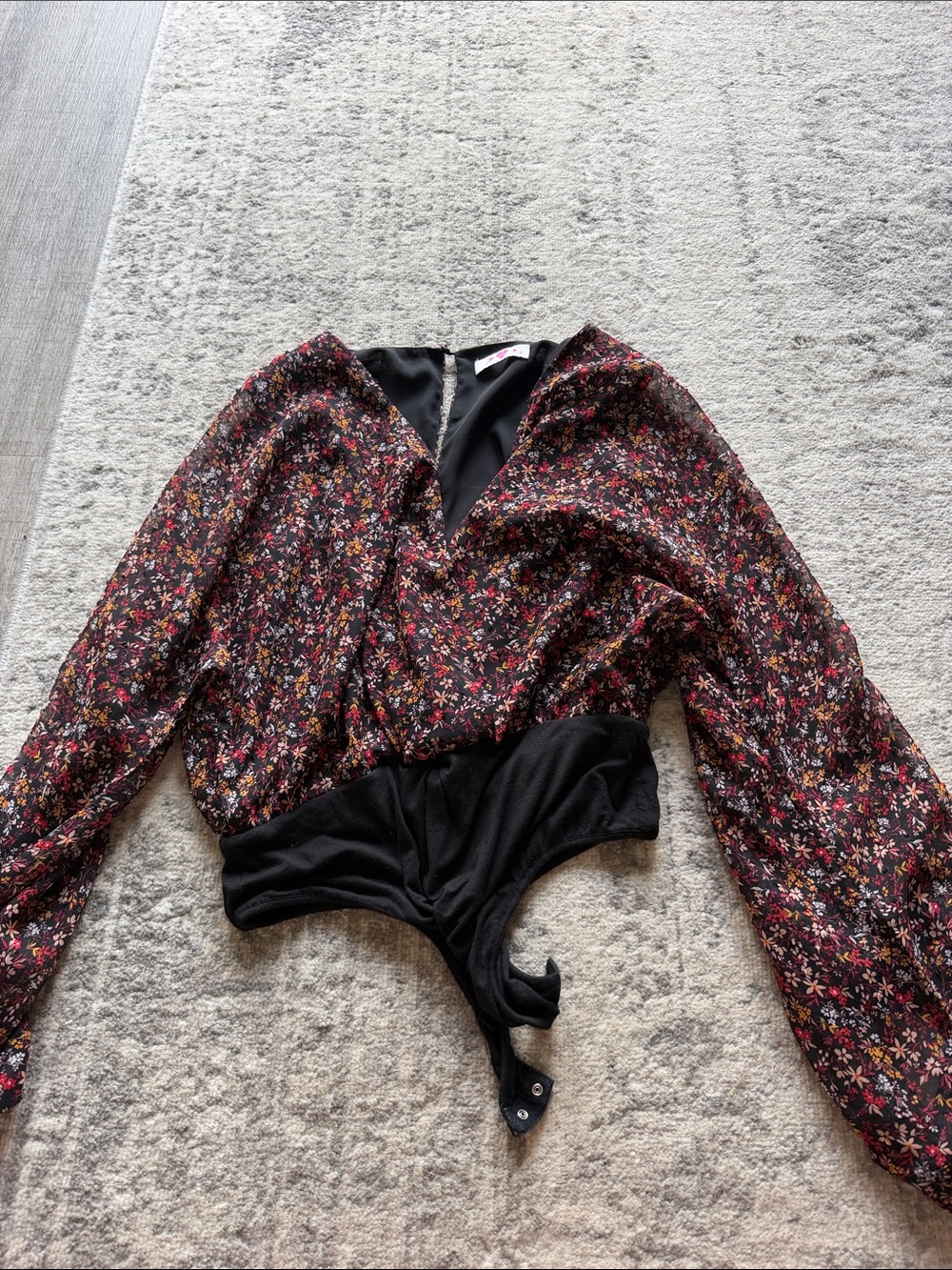 Buddy Love Floral Long-Sleeve Bodysuit in Black and Multicolor